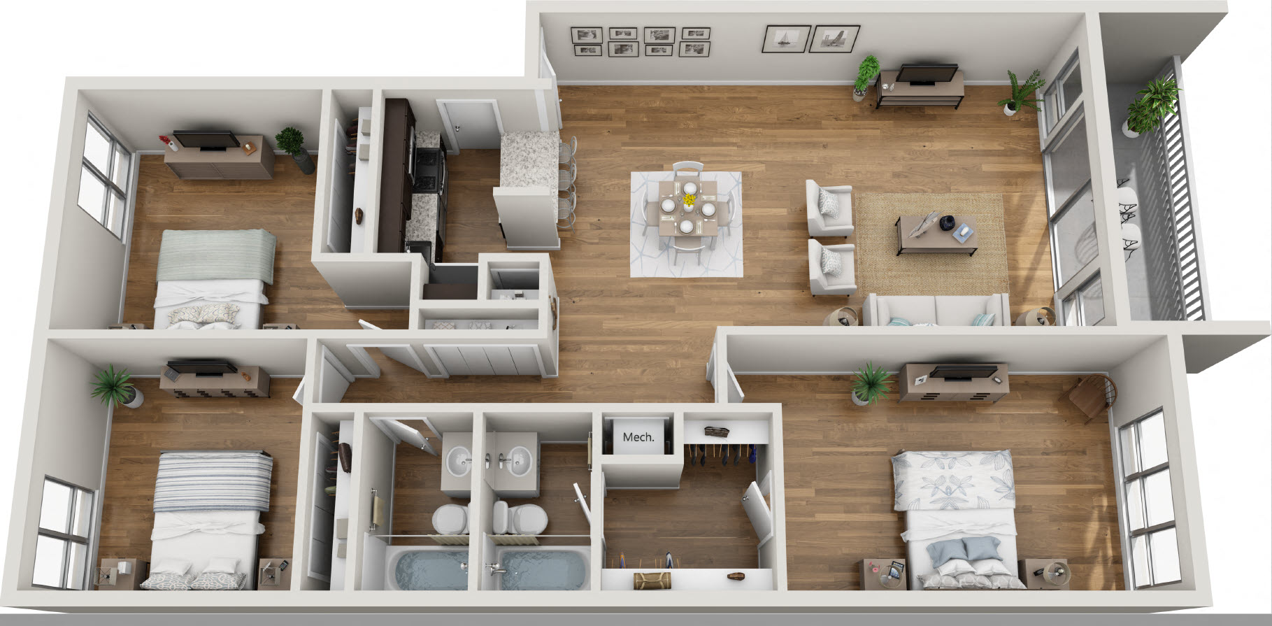 Floor plan for 3 beds, 2 baths, 1370 sqft